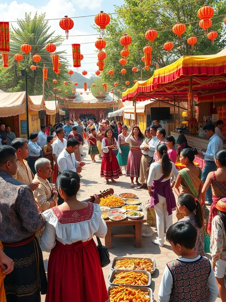 A dynamic image of a local cultural festival organized by 'LE CRI DU PAPIER', featuring traditional music, dance, and food stalls, reflecting the region's rich heritage.