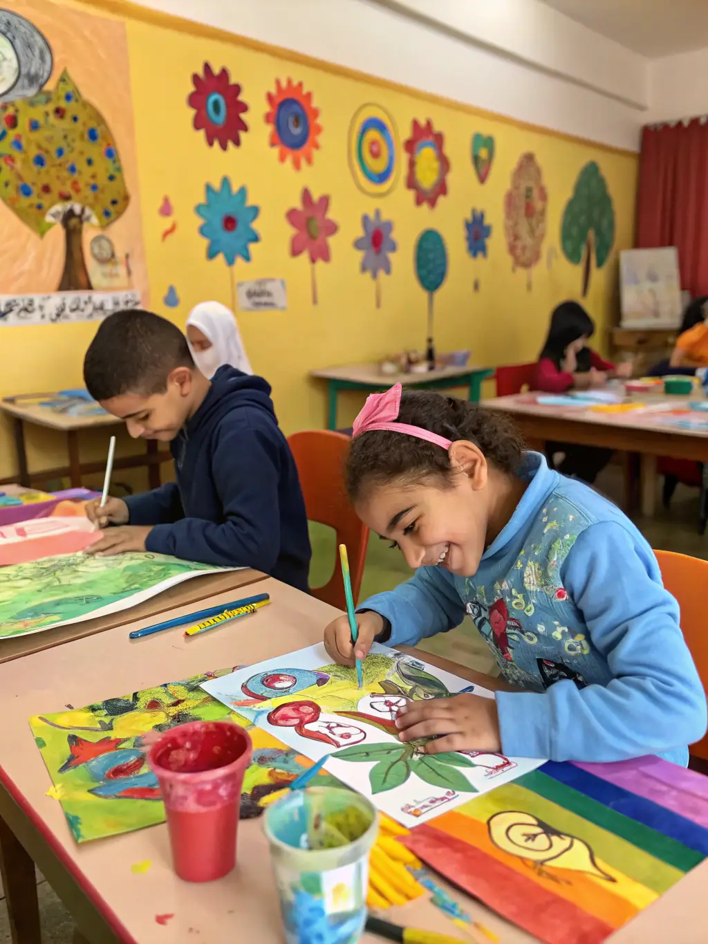 A vibrant photo of children participating in an art workshop organized by LE CRI DU PAPIER, showcasing their creativity and engagement.