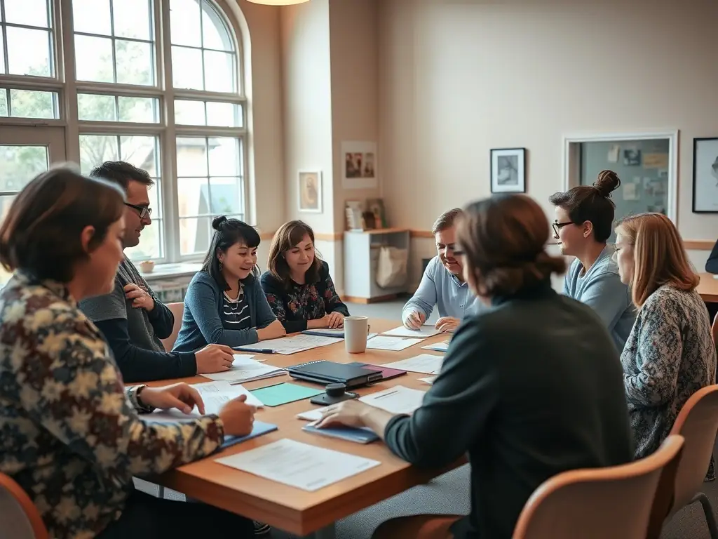A photo of a community meeting with diverse participants engaging in a collaborative activity, illustrating LE CRI DU PAPIER's Community Networking and Collaboration efforts.