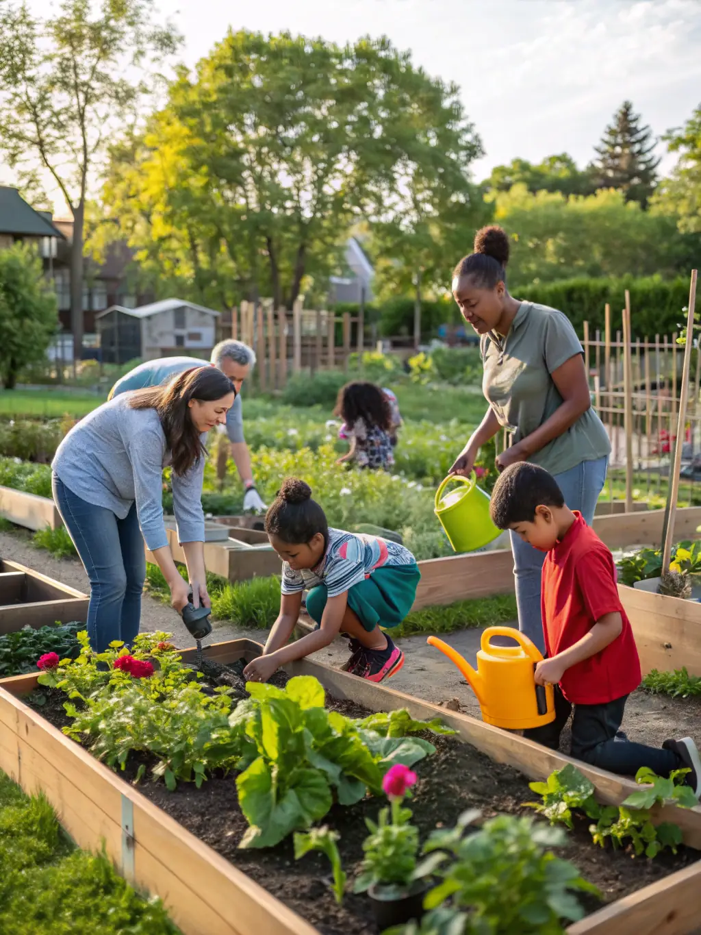 A collaborative project between LE CRI DU PAPIER and a local school, showing students and volunteers working together on a community garden.