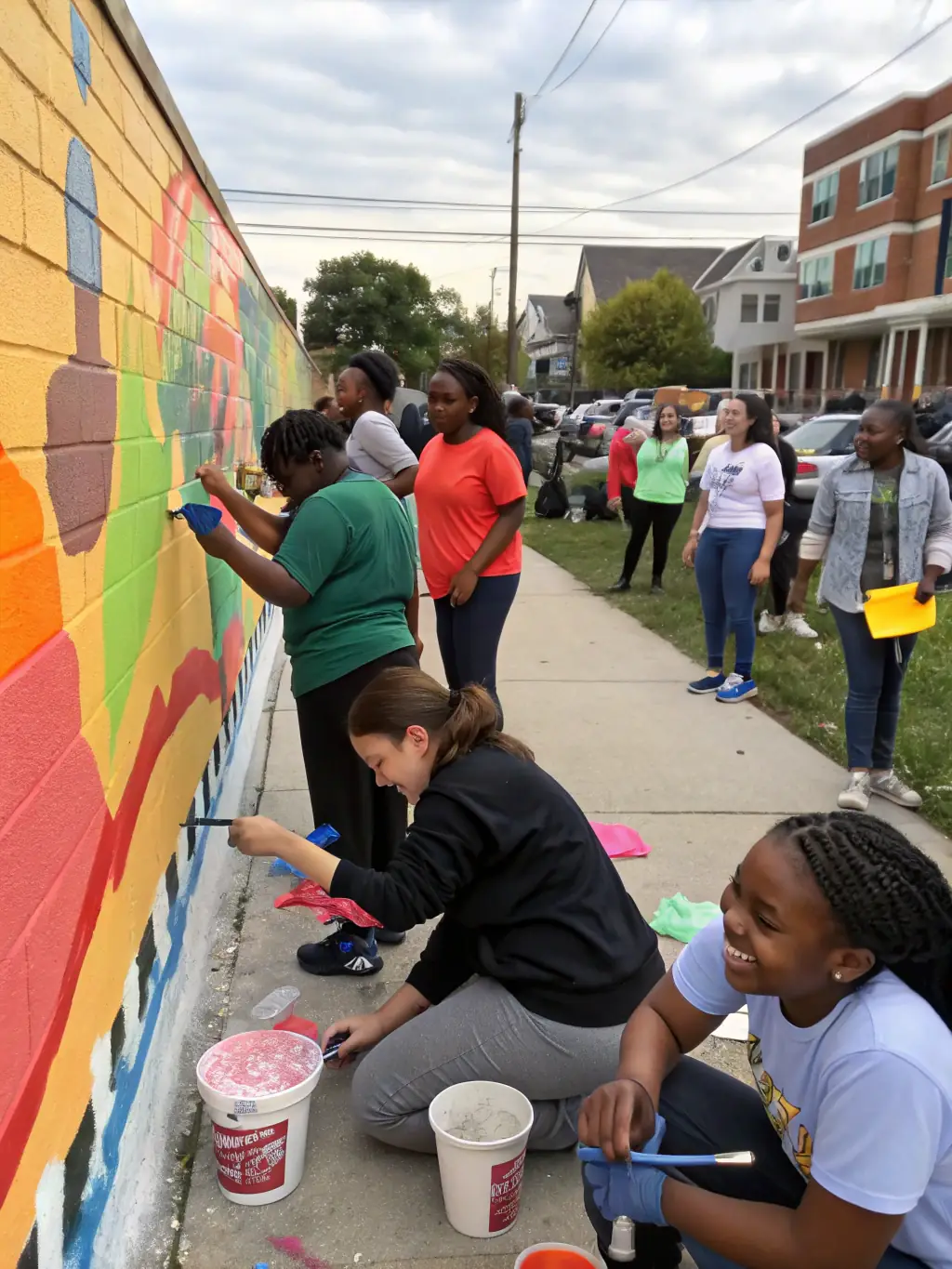 A photograph illustrating a collaborative project between LE CRI DU PAPIER and local schools, showcasing students and educators working together on an artistic initiative, emphasizing the organization's dedication to community networking and collaborative partnerships.