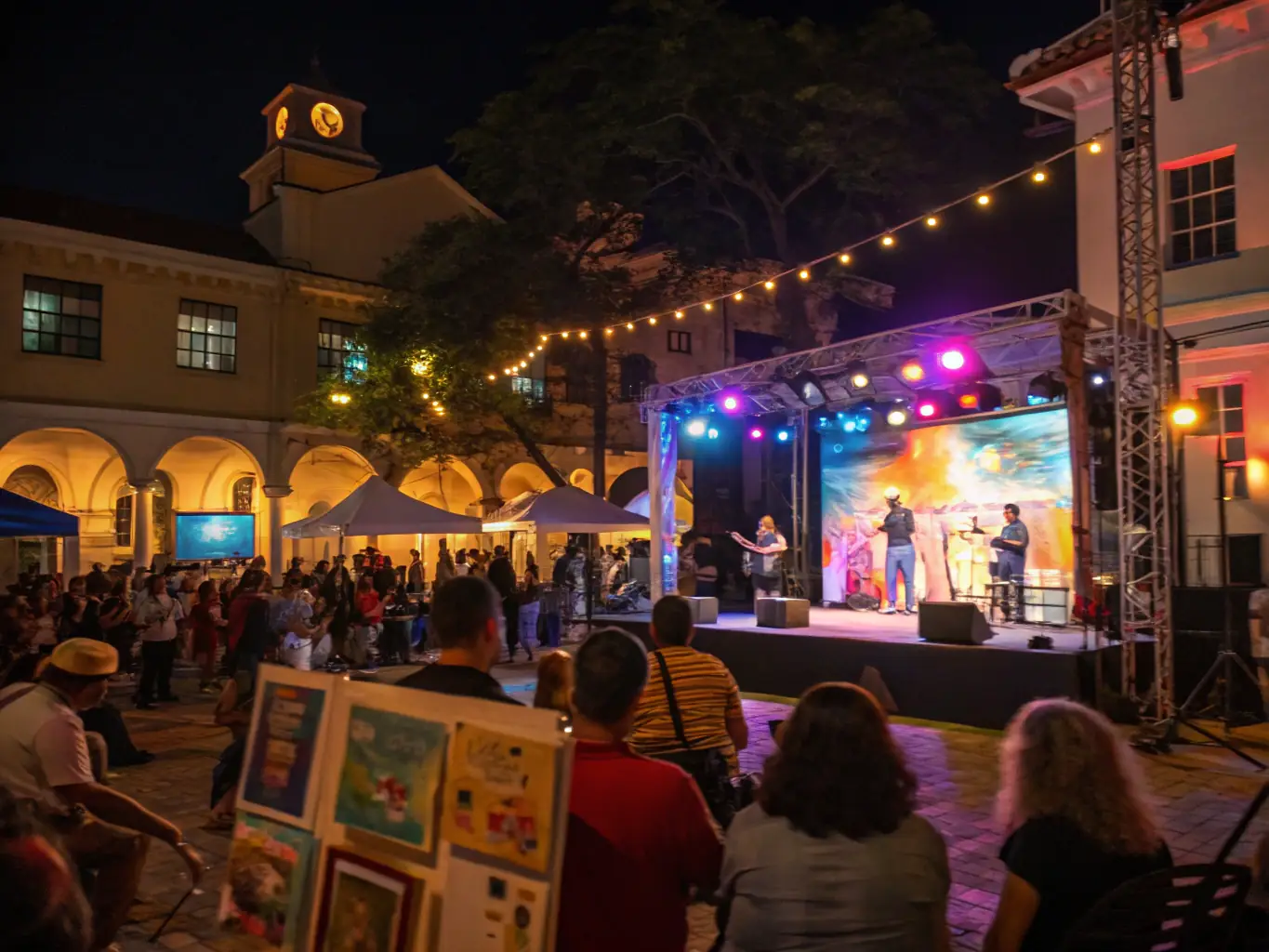 A vibrant image of a community art festival with performers, artworks, and engaged visitors, showcasing LE CRI DU PAPIER's Cultural and Artistic Events.