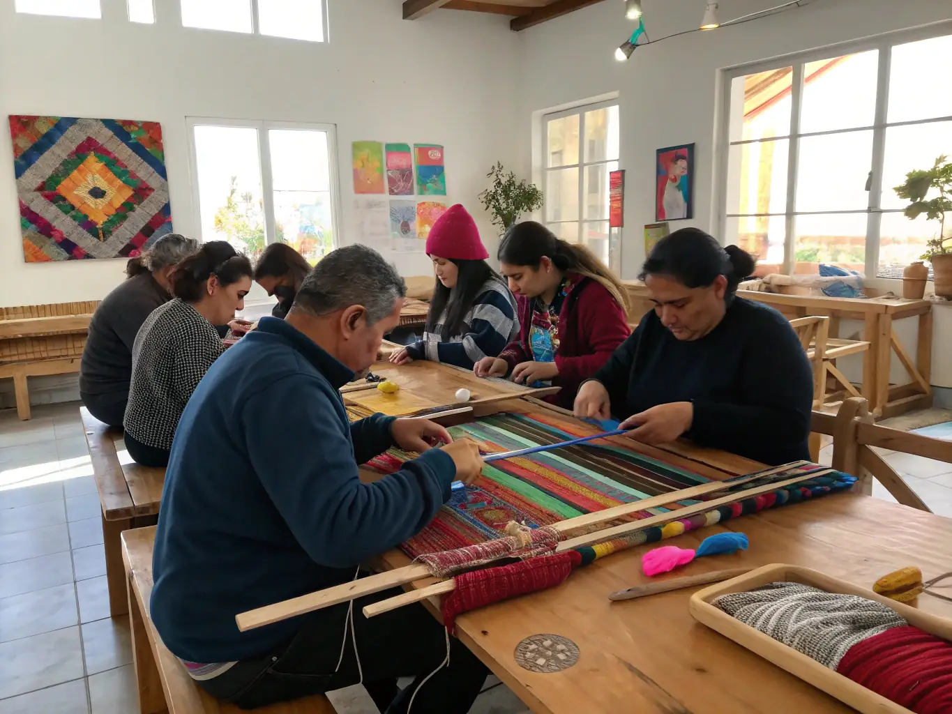 An image of a hands-on workshop with participants learning traditional crafts under the guidance of an instructor, illustrating the workshops and cultural transmission activities of LE CRI DU PAPIER.