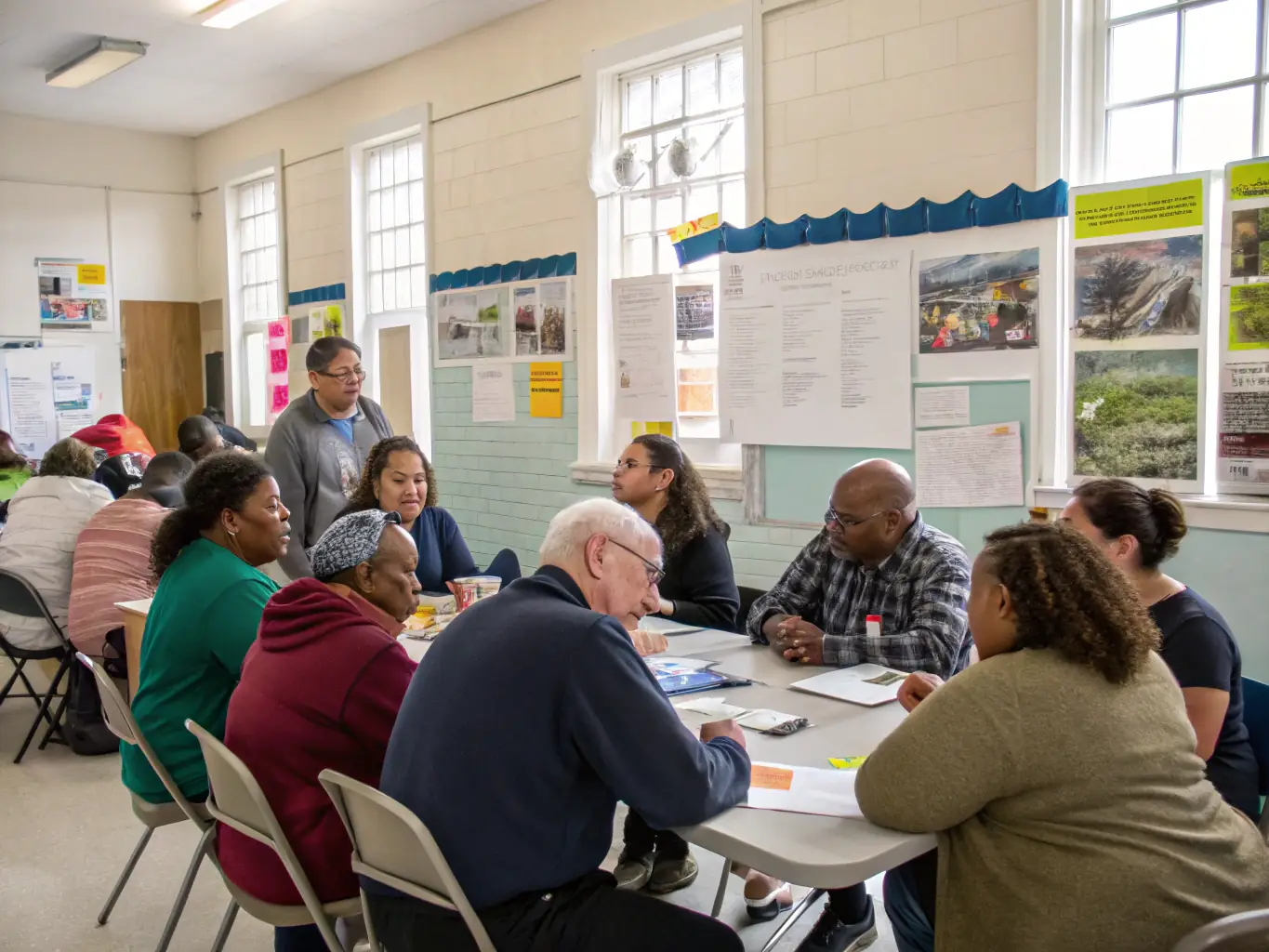 A photo of a community meeting with diverse participants engaging in a collaborative activity, representing the community networking and collaboration efforts of LE CRI DU PAPIER.
