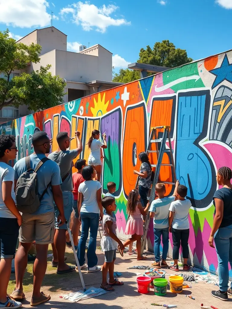 A vibrant photograph capturing participants of all ages engaged in a collaborative art project during a 'LE CRI DU PAPIER' workshop, showcasing creativity and community interaction.