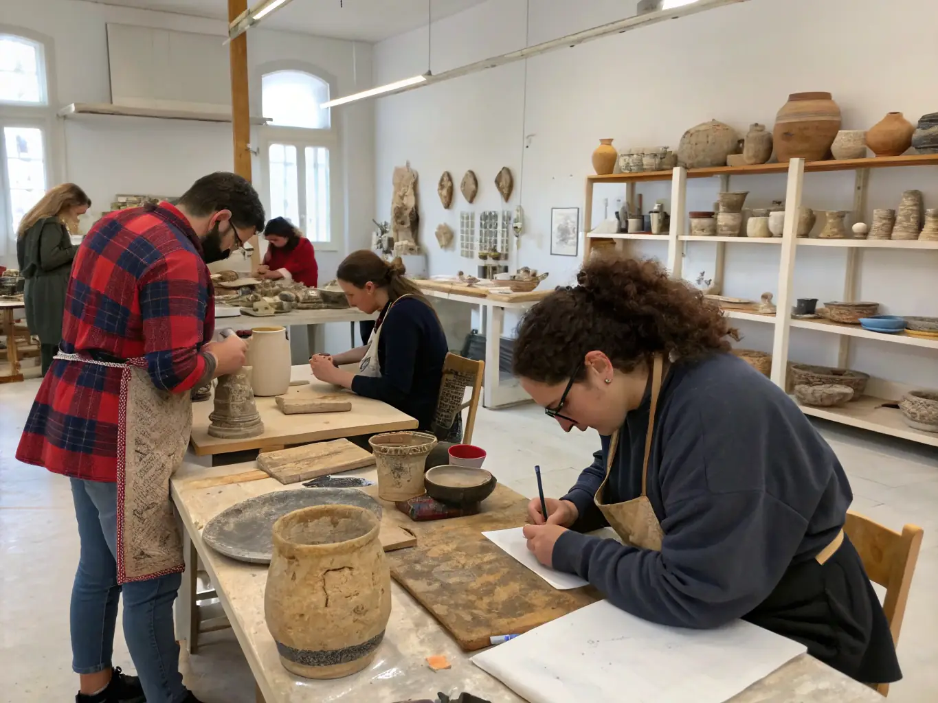 An image of a hands-on workshop with participants learning traditional crafts under the guidance of an instructor, representing LE CRI DU PAPIER's Workshops and Cultural Transmission program.