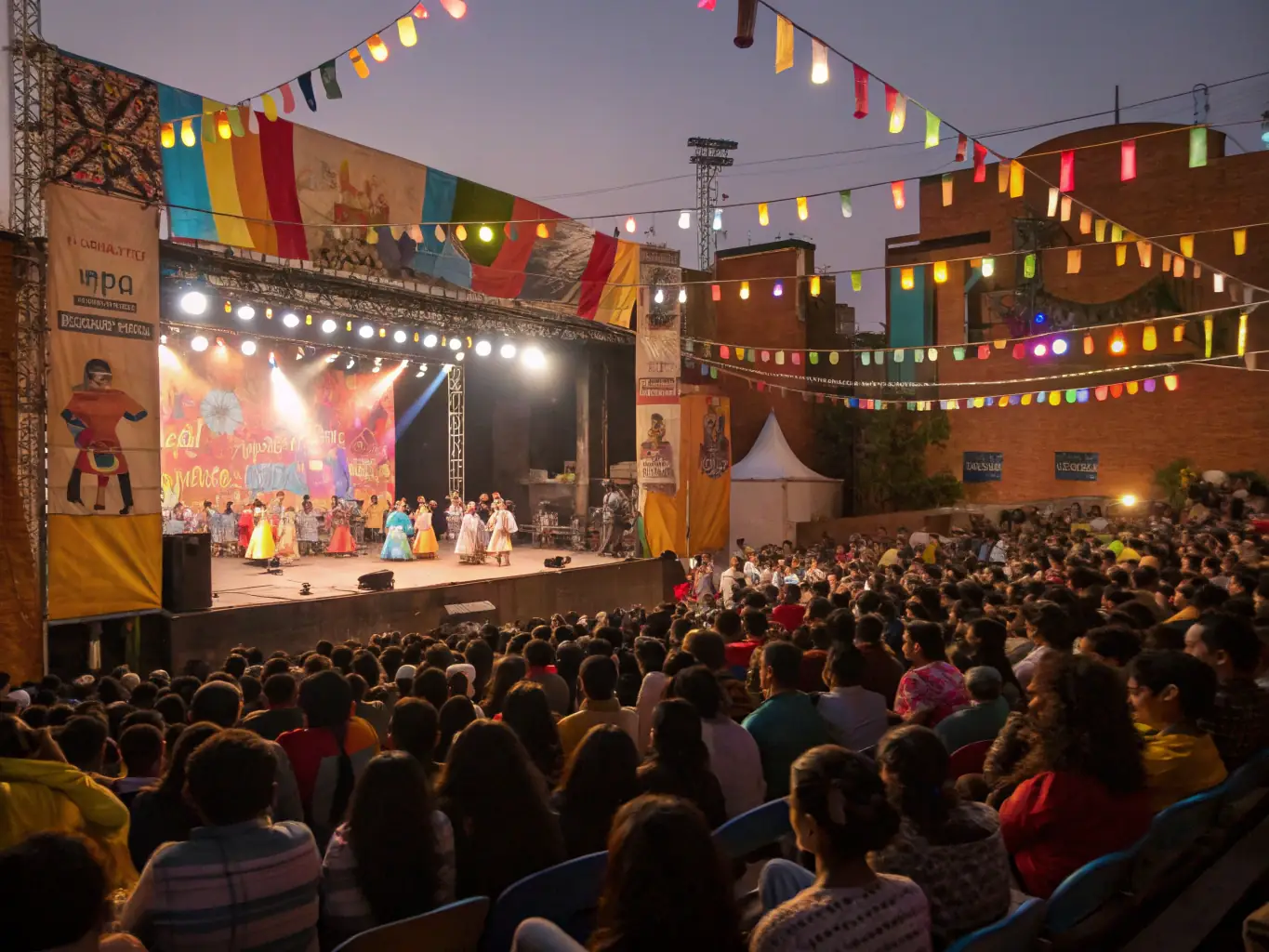 A vibrant image of a community art festival with performers, artworks, and engaged visitors, showcasing the cultural and artistic events organized by LE CRI DU PAPIER.